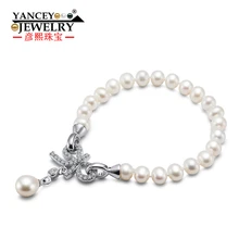 Янси Новые Натуральные 8-9 мм белый формы яркий свет пресноводный жемчуг браслет, с S925 серебряные браслеты с бантами