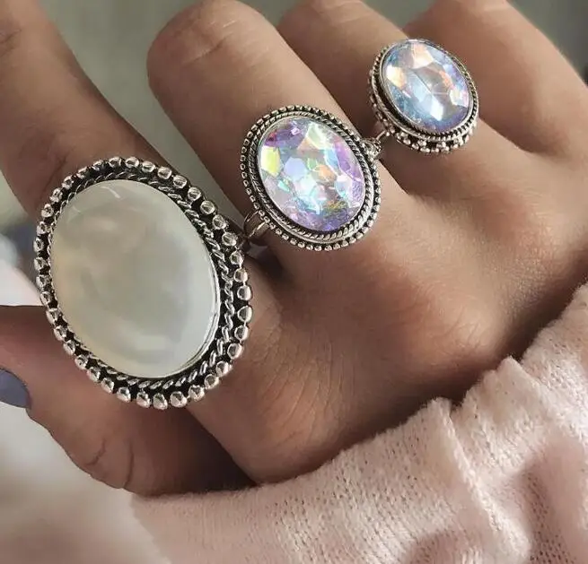 

3pcs/Set Bohemia Oval Colorful Opal Stone Knuckle Midi Finger Rings Set for Women Silver Ring Jewelry Accessories