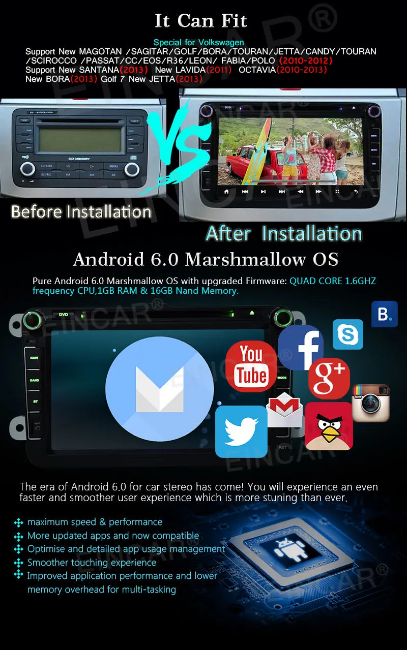 Best 8inch Android 6.0 Car Radio DVD Player GPS Multimedia CANBUS for VW Volkswagen 3