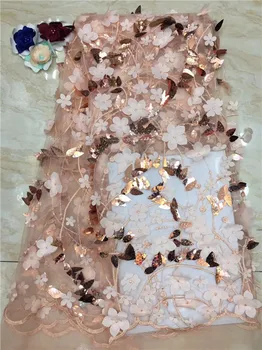 

2019 gold colors African French Lace Fabric High Quality African Tulle Lace Fabric with Glued glitter sequins