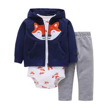 3pcs 2018 Spring Autumn Little Fox Hoodie Jacket & Bodysuit or Vest & Pants Baby Clothing Set, Boy Girl Clothes Cardigan Set newborn spring and autumn wadded jacket set male cotton padded jacket vest piece set baby clothes
