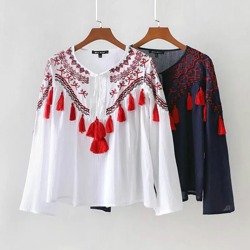 Богемная винтажная рубашка ручной работы с цветочной вышивкой Свободная блуза