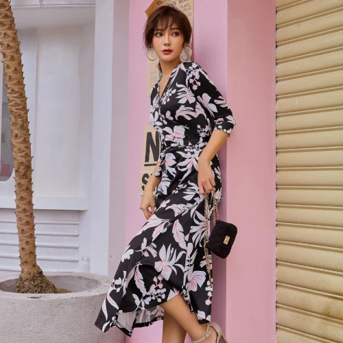

2019 Autumn Korean Version V-neck Printed Women Dresses New Fashion Seven Minutes Sleeve Sexy Open Slim Female Black Long Dress