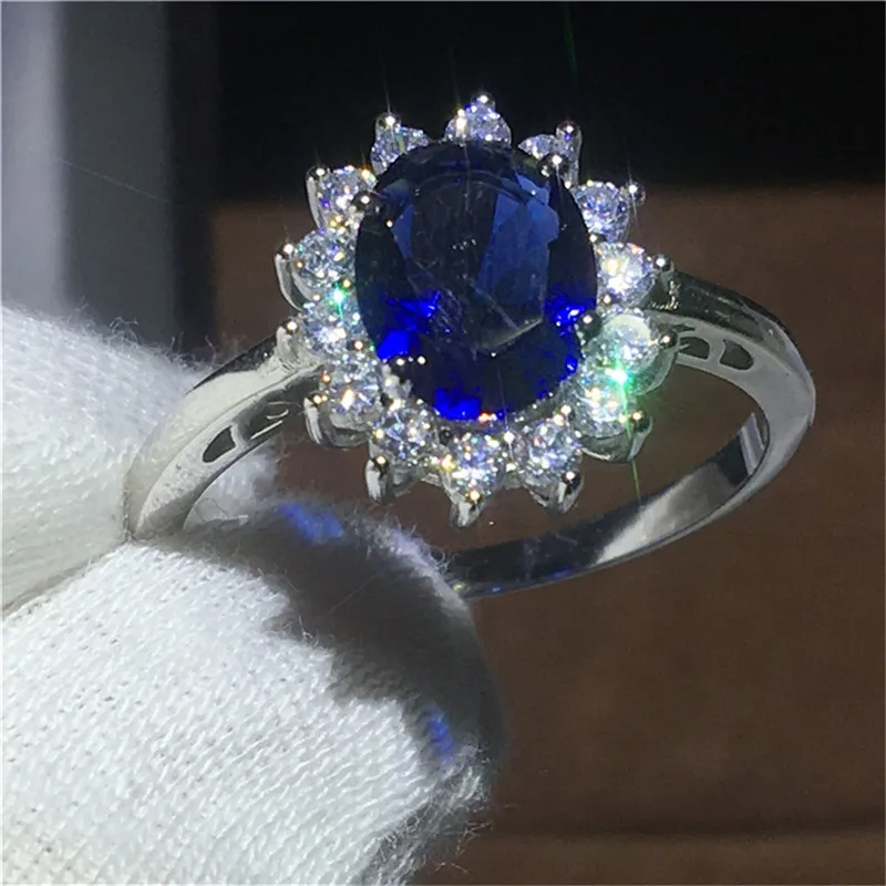 Обручальные кольца принцессы с большим синим цирконием серебряного цвета, свадебные кольца, вечерние Обручальные кольца с фианитами, Свадебные обручальные кольца с фианитами - Цвет основного камня: 4823