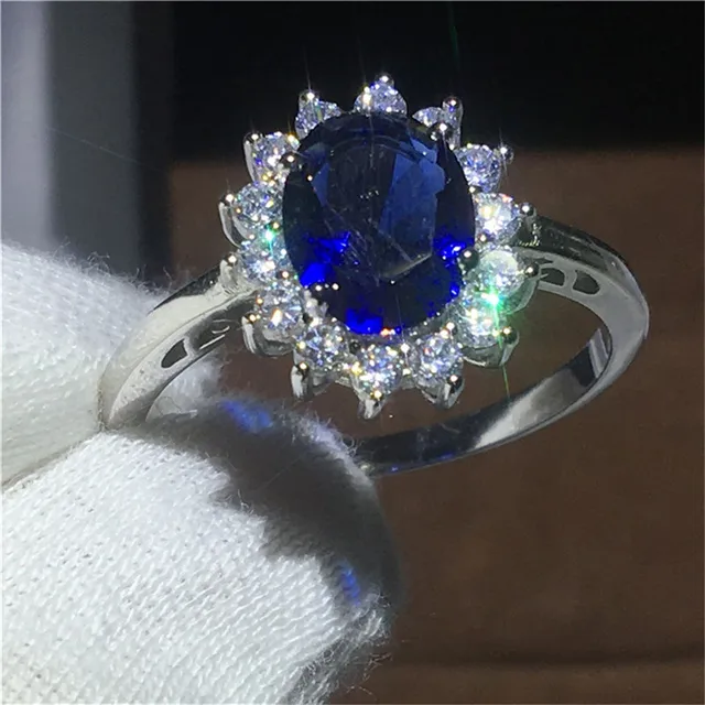 Princess Cut Big Blue Zircon Silver Color Engagement Rings Wedding ...