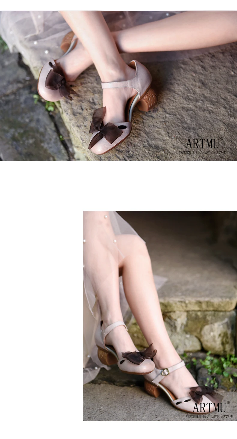 Artmu; оригинальные женские босоножки в стиле ретро с бантом-бабочкой; Босоножки ручной работы из натуральной кожи на высоком каблуке с пряжкой и шелковой лентой; 1812B-27
