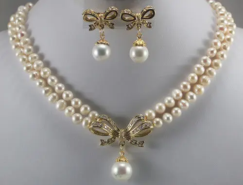 

noble and generious lady's 2 row 7-8mm white shell pearl pendant necklace 18kgp butterfly shell pearl earrings sets for gift