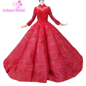 

Charming Ball Gown Red High Neck Lace Appliques Beaded Glitters Quinceanera Dresses Crystals Luxurious Supper Ball Gown 15years
