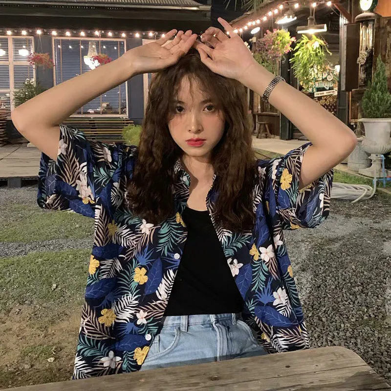 

blusas mujer de moda 2019 New Women's Leaves Print Turn-down blouse women Collar Hawaiian Style Short Sleeve Chiffon Blouse