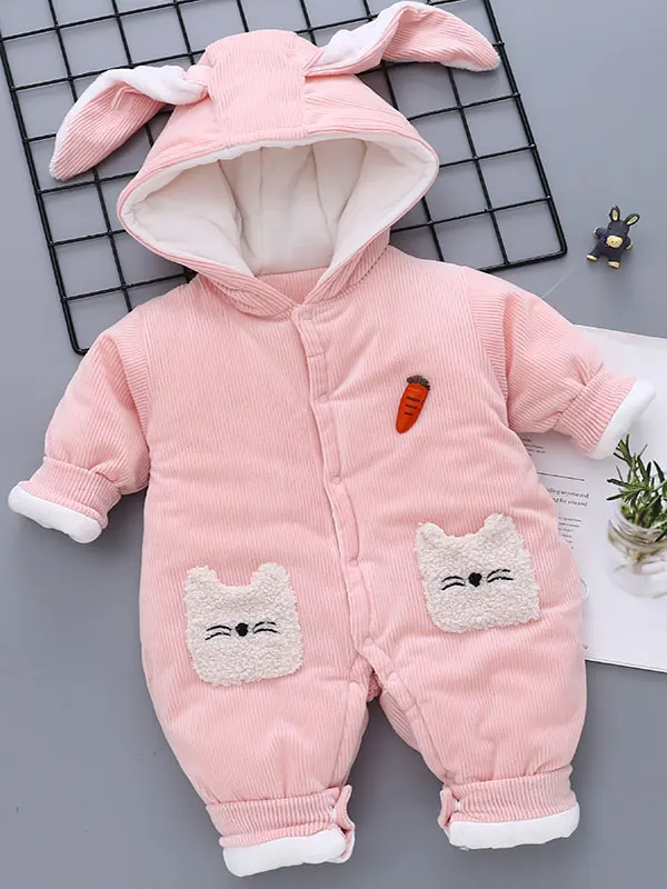 Утепленный комбинезон, милый детский комбинезон с капюшоном для мальчиков, одежда для новорожденных Одежда для маленьких девочек осенне-зимняя детская одежда комбинезон - Цвет: Rabbit pink