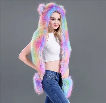 

European and American Faux Fur Caps Cartoon Animal Caps Hats Scarves and Gloves In One Unicorn Winter Accessories for Women
