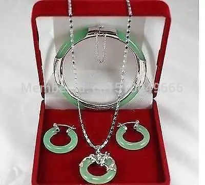 

Hot sale FREE SHIP>>>>>>Natural gree STONE bracelet earrings silver dragon pendant necklace Set