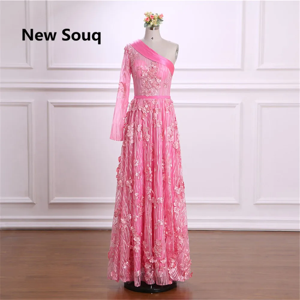 

Sweet Pink Tulle One Shoulder Prom Dresses Embroidery Floor Length Long Prom Dress Vestido De Fiesta