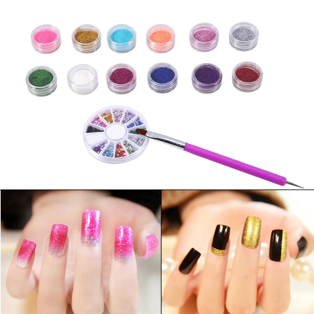 

12 Colors Nail Glitter Powder Set Nail Art Tool Nail Art Set Rhinestone Acrylic UV Gel Painting Dotting Pen Manicure Decoration