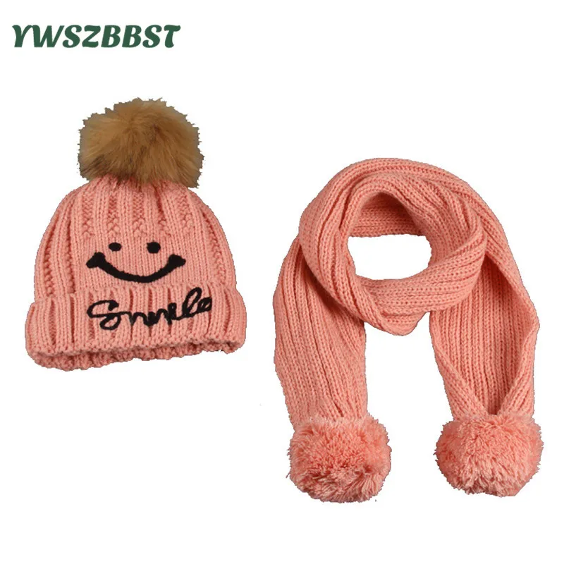

Winter Baby Hat Scarf set Crochet Caps with Smile pattern Warm Kids Children Baby Hats for Girls and Boys