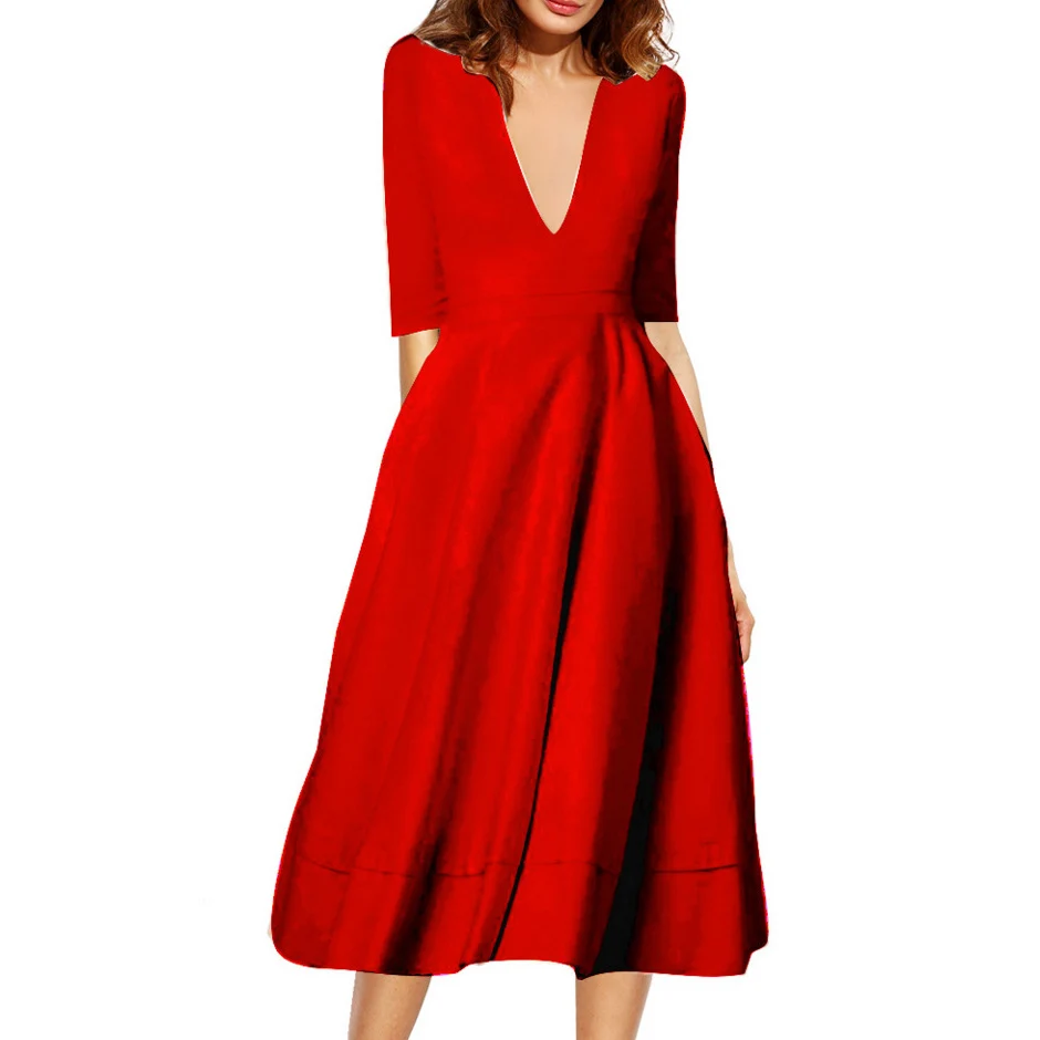Осень Лето Женское платье с коротким рукавом элегантное бальное платье сексуальное длинное платье с глубоким v-образным вырезом - Цвет: Red