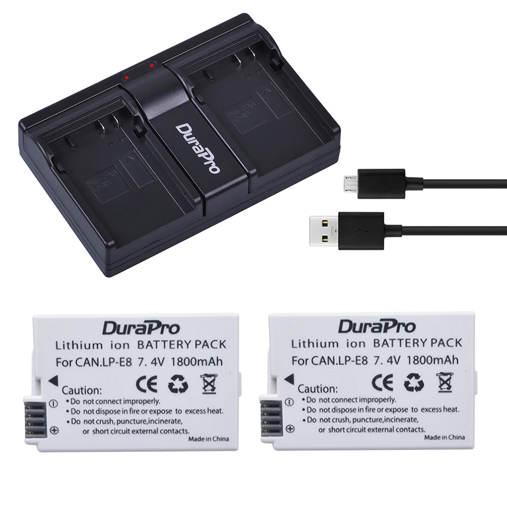 2Pcs LP E8 LP E8 LPE8 Replacement Li ion Battery + Dual USB Charger For