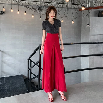 

Summer 2019 Loose Short Sleeve Patchwork Long Wide Leg Pants Female Exquisite Rompers Plus Size Women Casual Elegant Jumpsuit