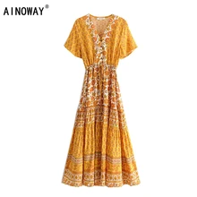 Винтажное шикарное женское желтое пляжное богемное Платье макси с цветочным принтом и рукавом «летучая мышь», женское летнее платье с v-образным вырезом и кисточками в стиле бохо, vestidos