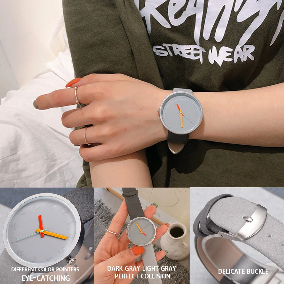Women Watch Gray Contrast Leather Quartz Watch Women Watches Lovers Unisex Casual Ladies Wrist Watch Clock Relogio Feminino