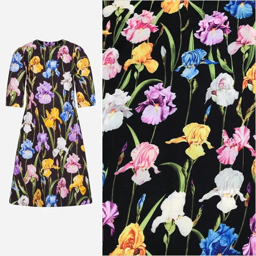 

Floral Iris Print Black Polyester Brocade Jacquard Fabric for Autumn Winter A-Line Dress Skirt Coat Jacket Pants Sewing-AF649
