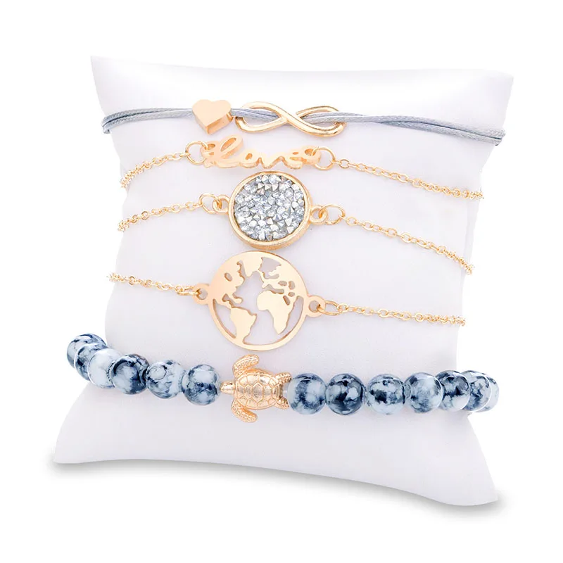 

5pcs/set Women bracelet Weaving love 8 letters English love world map turtles beaded bracelet five-piece suit Fashion Jewellery