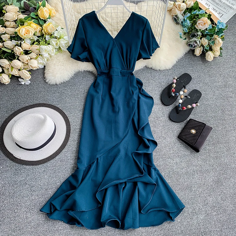 Asymmetrical Ruffles V Neck Elegant Midi Dress