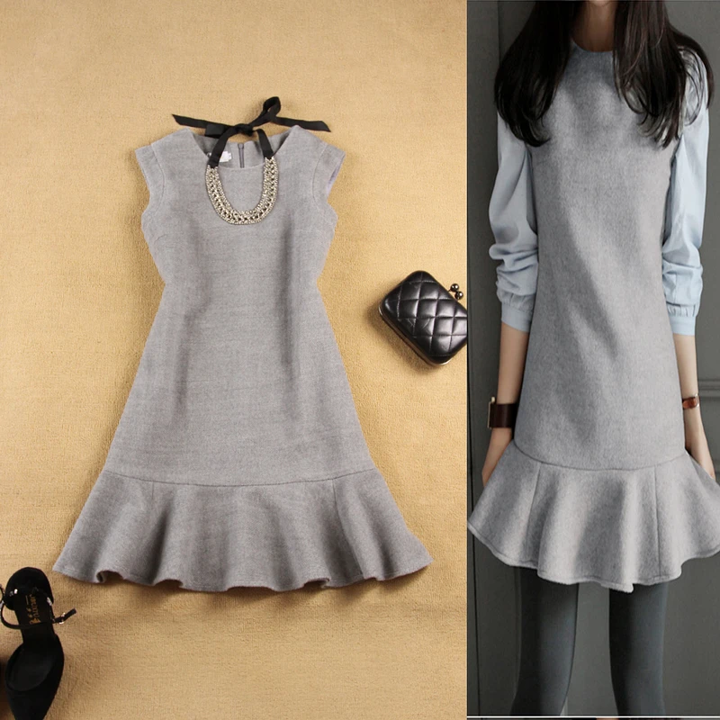 

Large size women's 2018 autumn winter new sleeveless Slim hip fishtail woolen vest gray dress