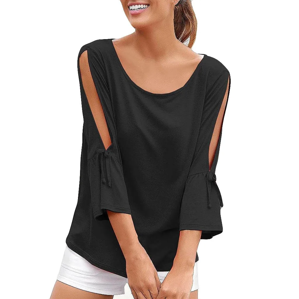 

SAGACE 2019 Fashion T shirt Women Casual O-Neck Hollow Out Sleeve Solid Beach Style Tops T shirt Casual female tops summer new