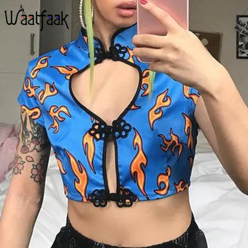 

Waatfaak Hollow Out Summer Print Sexy T Shirt Women Crop Tshirt Women Blue Short Sleeve Casual Streetwear Chinese Style Button