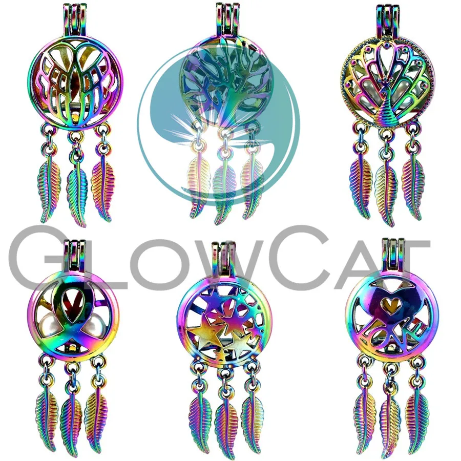 

Rainbow Color Dream Catcher Peacock Star Wings Ribbon Beads Cage Perfume Diffuser Aroma Pearl Cage Locket Pendant Jewelry