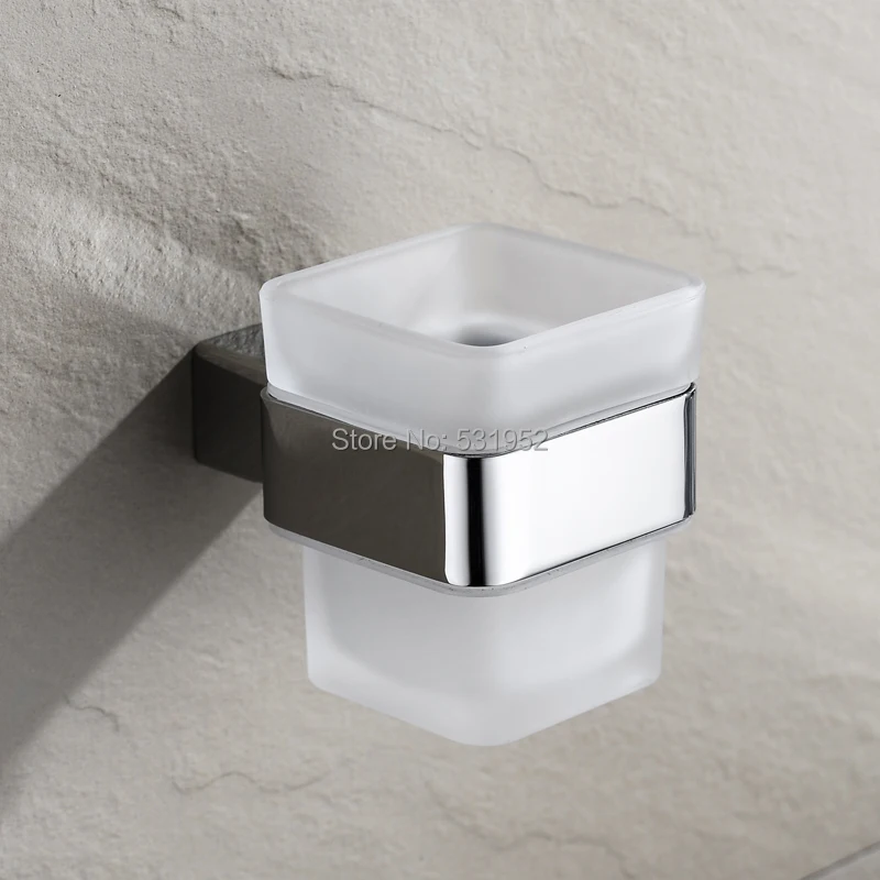 SUS304 Stainless Steel Polished Wall Mounted Single Toothbrush Cup Holder With Tempered Glass Cup Tumbler Holder