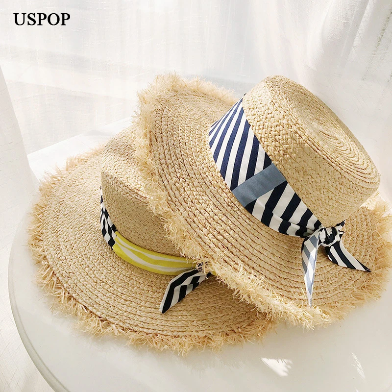 

USPOP 2019 New sun hats for women summer hats fashion patchwork bow raffia straw hats flat top rough edges beach hat