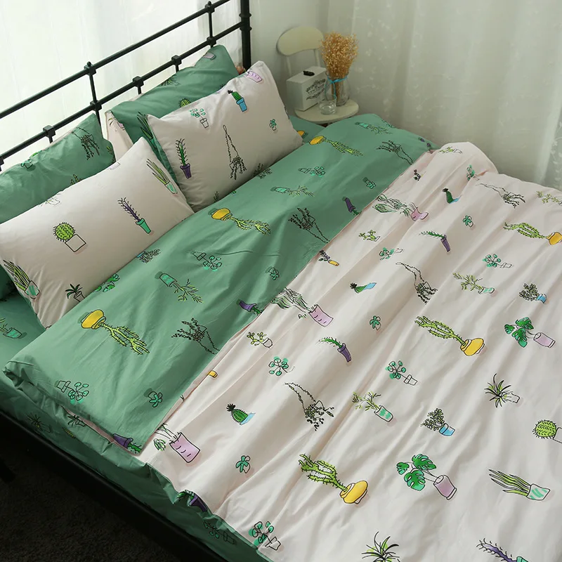 

100% cotton Plant Bonsai print cactus bedding set queen King quilt duvet cover flat sheet pillowcase cartoon bedclothes 4pcs set