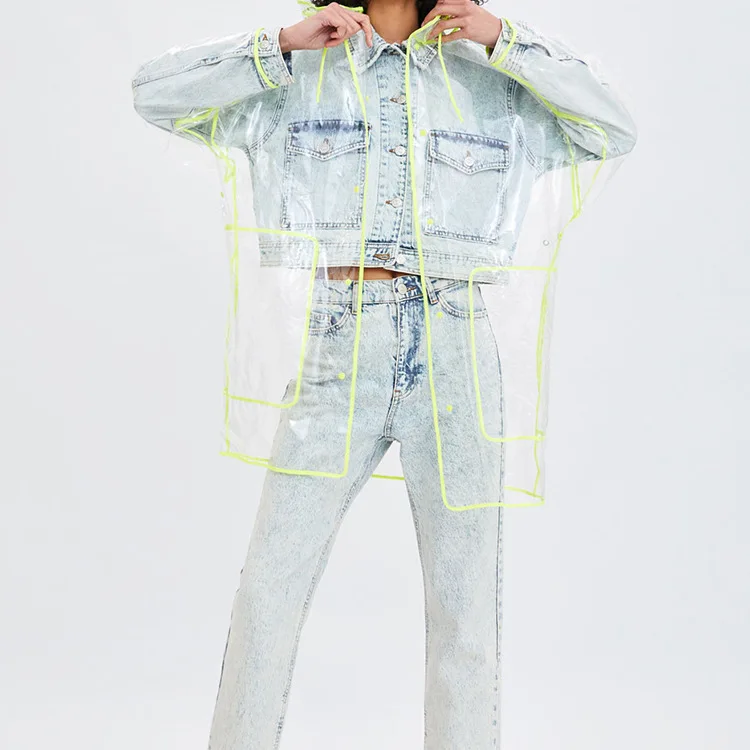 

Spring Summer Yellow Side Loose Version Hooded Sticker Bag Decoration Transparent Casual Raincoat 2019 Clothes Women Jacket