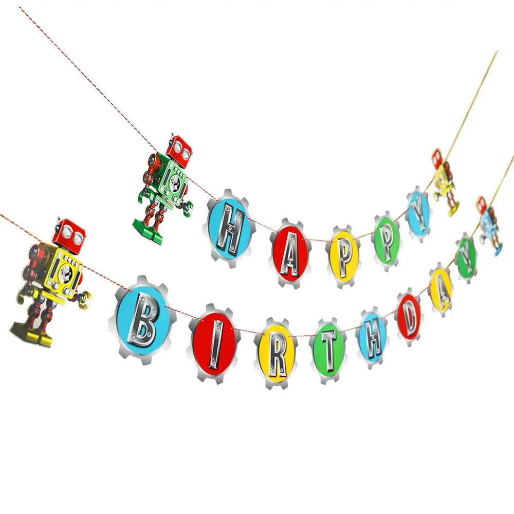 

Robot Theme Birthday Party Decor Rainbow Colorful Latex Balloons Happy Birthday Banner Hanging Foil Swirl Mechanical Gear Party