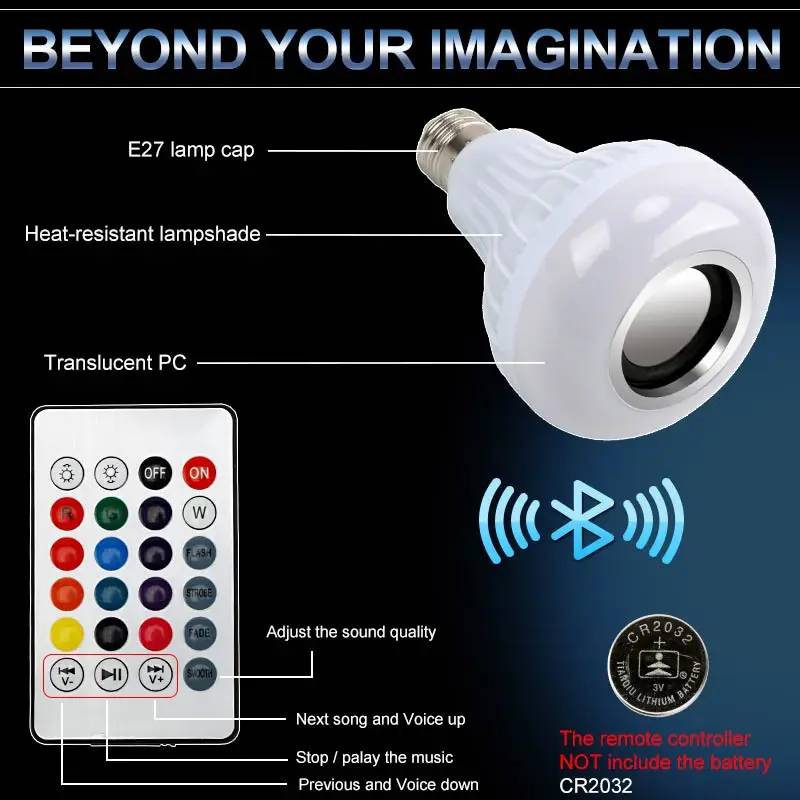 Умная Беспроводная Bluetooth Колонка E27 LED лампа с RGB подсветкой для воспроизведения