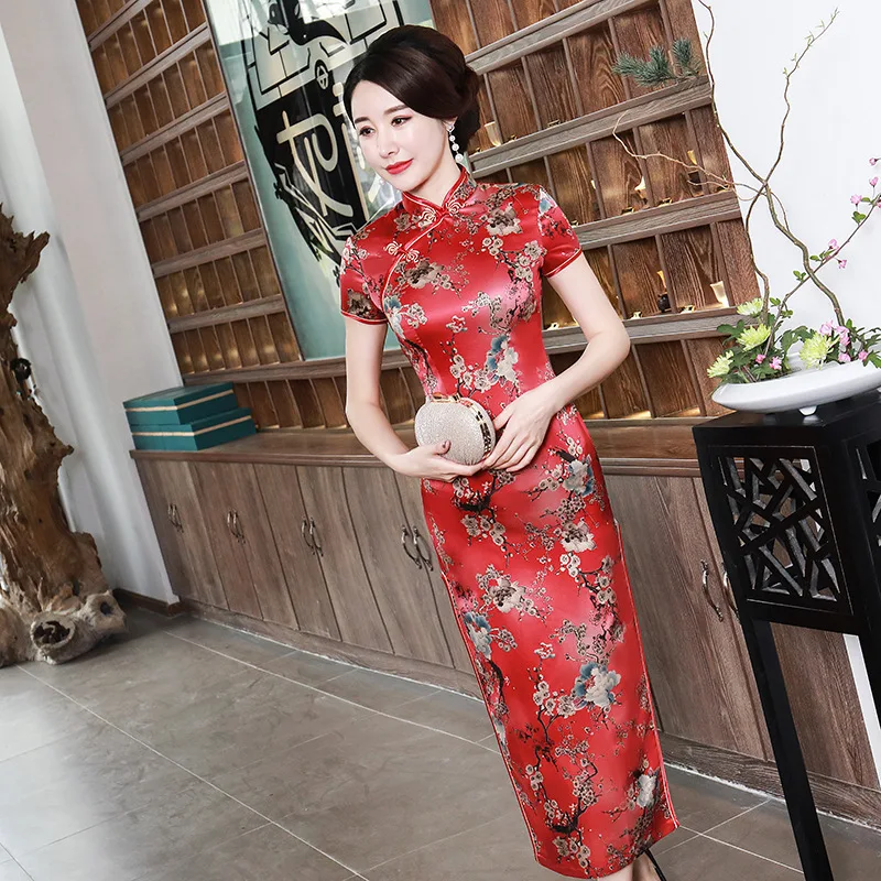 Бесплатная доставка Cheongsam длинные шелковые атласные платья, большой Размеры матери Женское платье праздничные платья