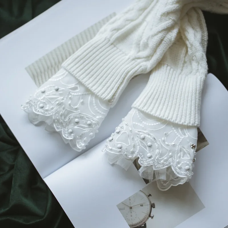 

Fashion bow blue cotton mummy sleeves decorated cuffs False temperament Lace navy wind folding hand bowl set lace autumn women