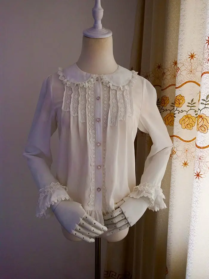 

2016 New White & Pink Solid Peter Pan Collar Loose Long Puff Sleeve Lolita Blouses