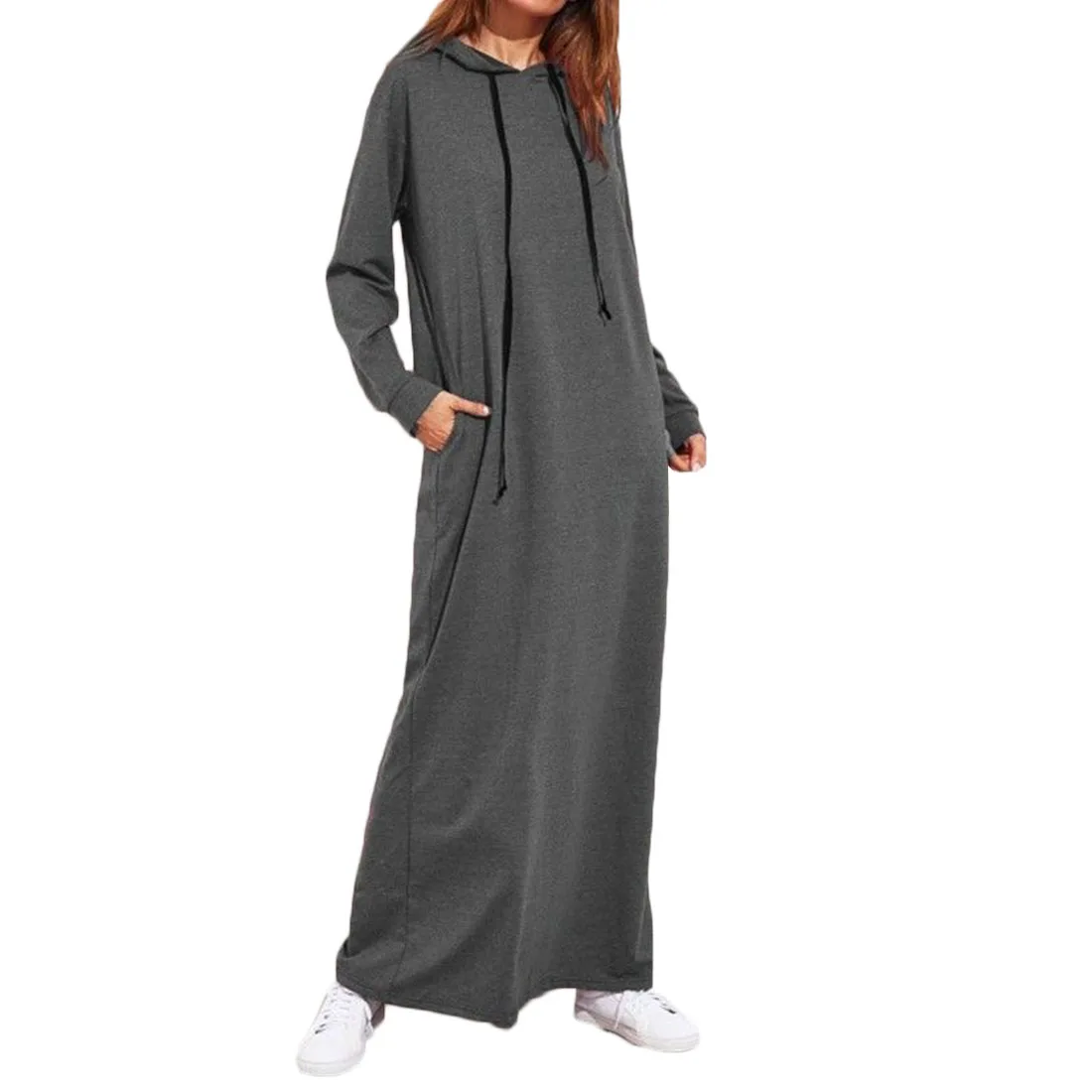 Women's Hooded Hoodies Maxi Dress Autumn Loose Long Sleeve Vintage