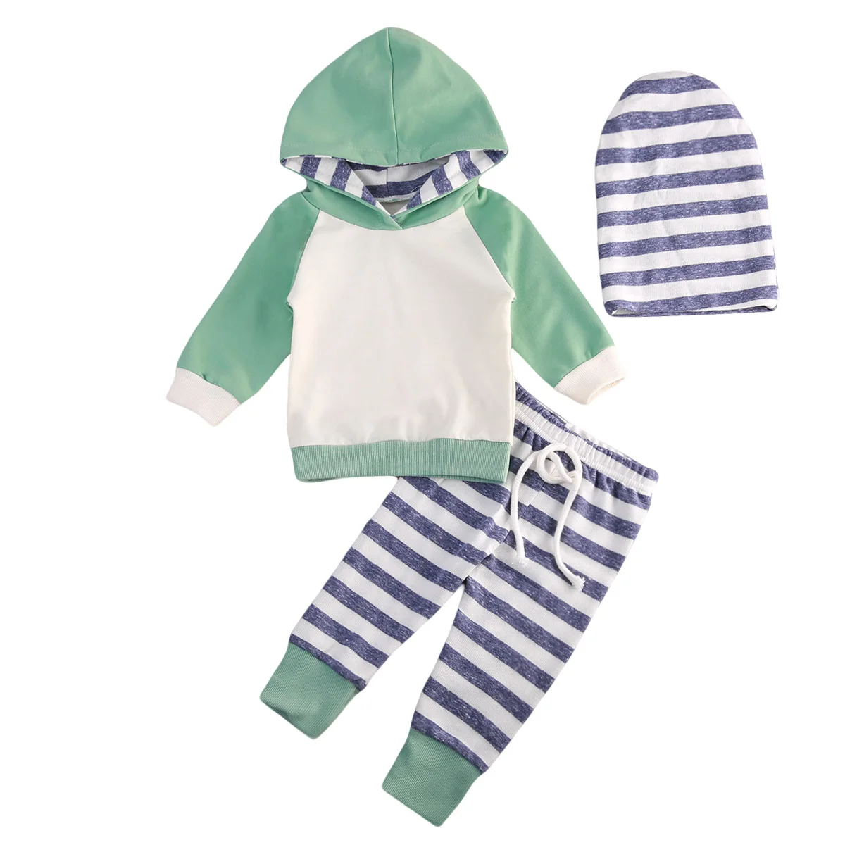 

3pcs Infant Toddler Baby Boy Girl Patchwork Hooded Sweatshirt Top Striped Pant Outfits Set Clothes