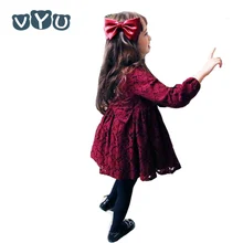 Винное кружевное платье с большим бантом для маленьких девочек; детская одежда в Корейском стиле; изящное платье для выпускного бала, свадьбы; элегантное рождественское платье
