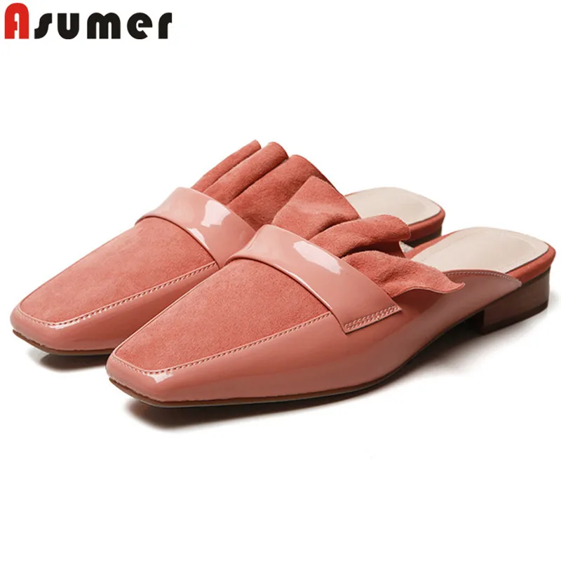 

ASUMER 2019 new shoes woman square toe shallow genuine leather shoes women Casual mules shoes women ruffles flats women