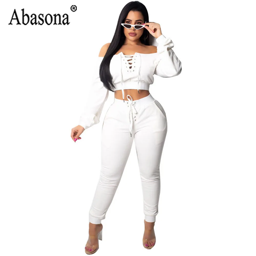 

Abasona Women White Jumpsuit 2 Piece Sets Outfits Women Sexy Off Shoulder Bandage Jumpsuit Long Sleeve Hollow Out Romper Club