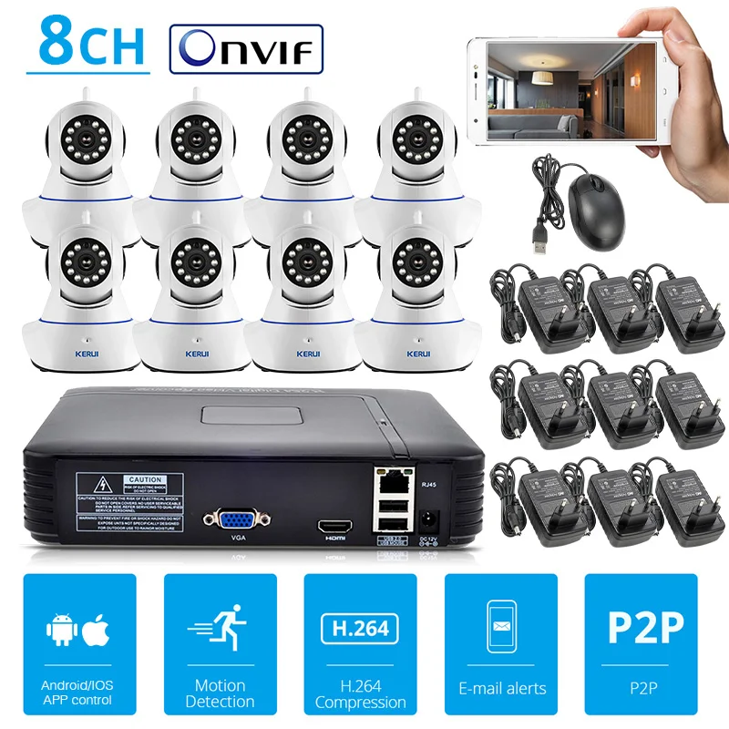 

KERUI Security Camera System 8CH Full HD 720P NVR Camera Kit ONVIF NVR Video Recorder with Android/IOS control WiFi IP Camera
