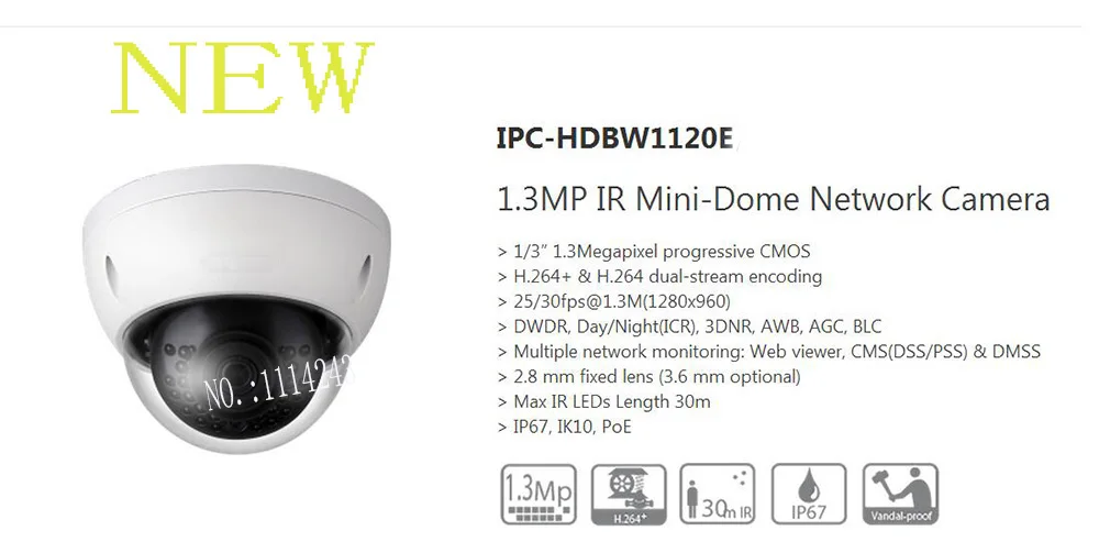 

Free Shipping DAHUA 1.3MP HD IR Mini Vandalproof&Waterproof CCTV Dome Camera without Logo IPC-HDBW1120E