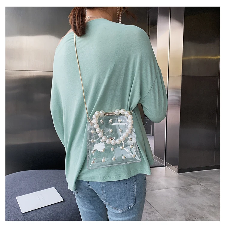 Прозрачная пвх желейная сумка женская летняя новая корейская цепь прозрачные перламутровые ручки желейная сумка через плечо модная женская сумка через плечо