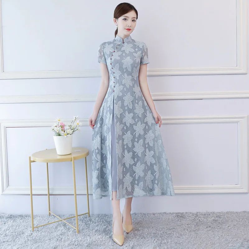 2 Новое прибытие Новинка кружева цветок элегантный Cheongsam женское длинное платье в китайском стиле леди тонкий китайский воротник Qipao размер size - Цвет: 2