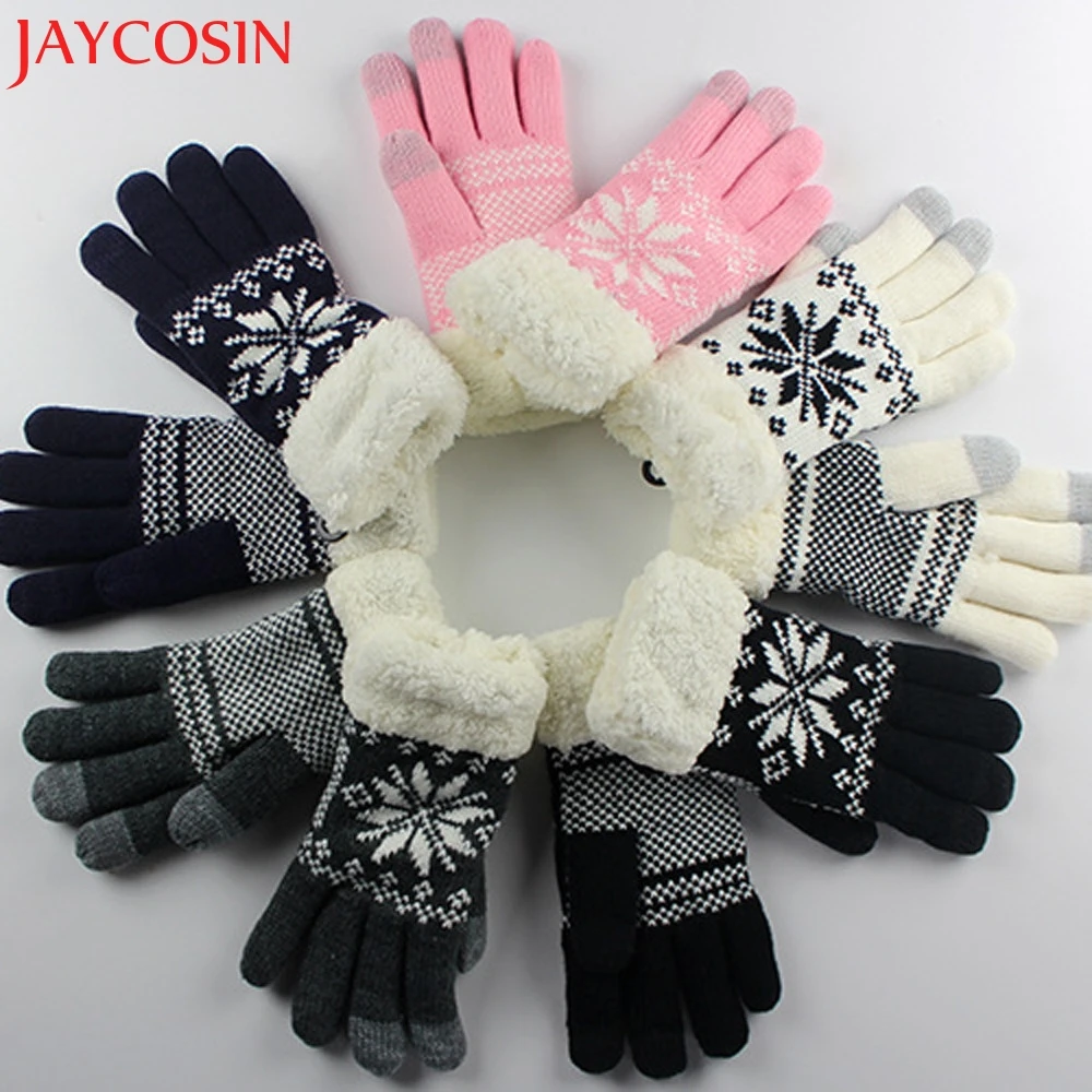 Knit Wool Women Girl Snowflake Winter Keep Warm Mittens Gloves In